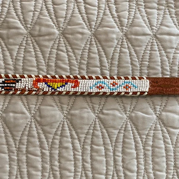 Vintage Beaded Brown Leather Belt - Picture 5 of 16